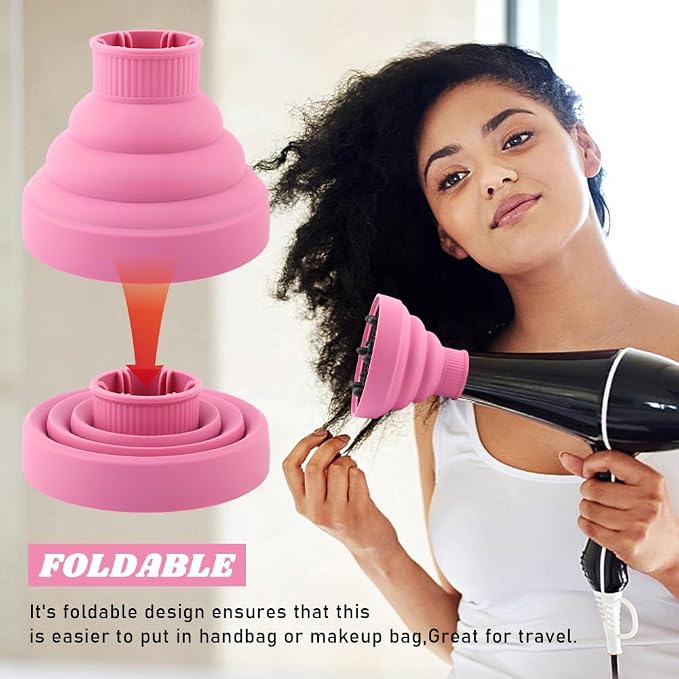 Universal Collapsible Hair Dryer Diffuser, Travel Hair Dryer Diffuser Attachment with Comb, Portable Hairs Diffusers Blow Dryers Attachment for Natural Thick Hairs(Pink)