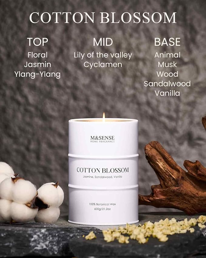 M&SENSE Cotton Blossom Scented Candles, Large, Natural Soy, 21.2oz | 120 Hour Slow Burning, Aromatherapy, Stress Relief, Meditation, Relaxing