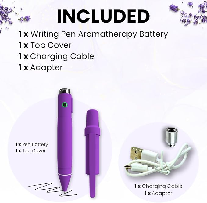 Aromatherapy Writing Pen Battery with Real Ink Tip and Hidden Diffuser Port, Soft Touch Ballpoint for Note Taking, Signature, and On-The-Go Relaxation, Rechargeable Wellness Gift for Office (Purple)