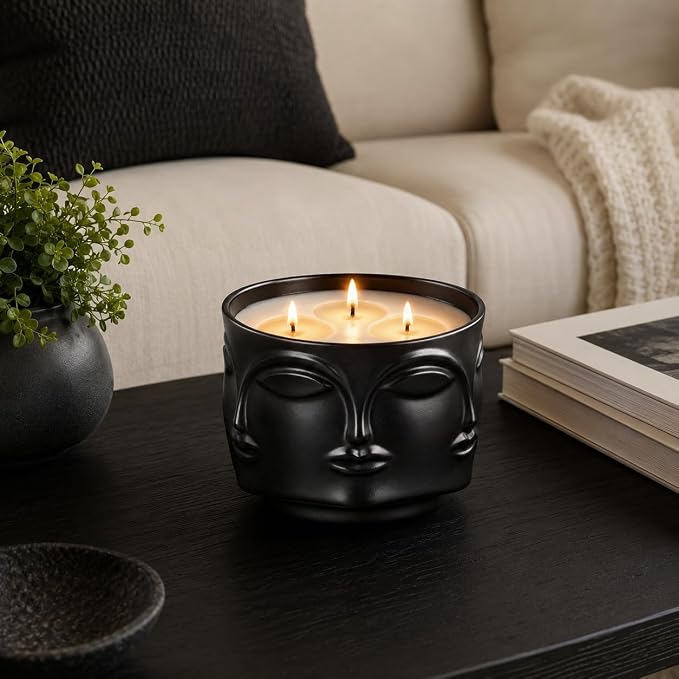Viyffo 20oz Large Scented Candle - Forest Green Tea, 3 Wick Non Toxic Soy Candles for Women & Men, Unique Funny Matte Black Ceramic Jar, Luxury Home Fragrance, Room Art Décor & Premium Birthday Gift