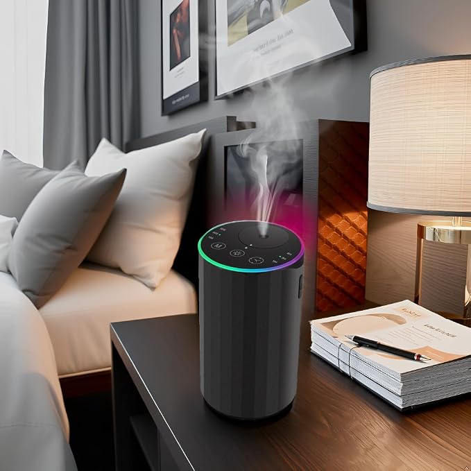 Waterless Essential Oil Diffuser, 7 Colors LED Light, Battery Powered Mini Scent Air Machine, Aromatherapy Mist Diffuser for Home Room Car Office，Black Aluminum Alloy (Black-LED)
