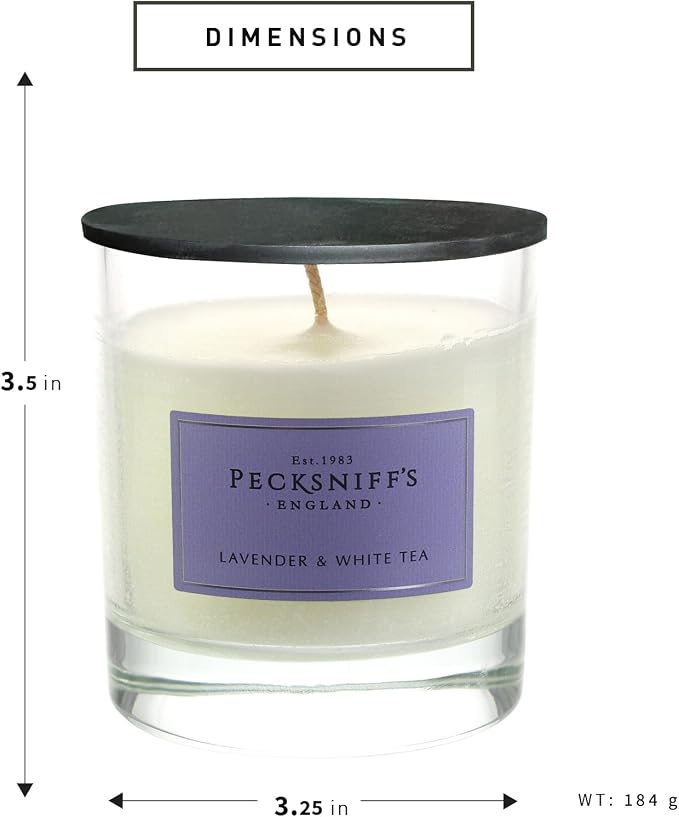 Pecksniffs Lavender & White Tea Scented Candle | Elegant Glass Vessel | Scented Candles for Home | 1 Wick, 184g/6.49oz