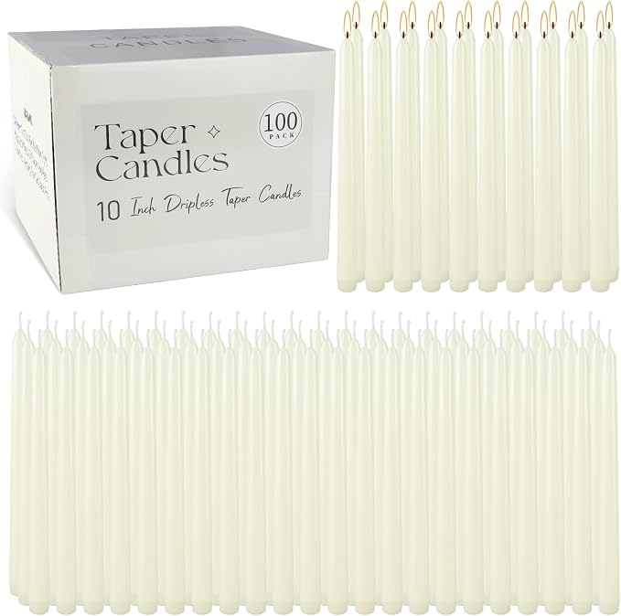 YOROXRG 100Pack Ivory Taper Candles, 7-8 Hours Burn Time, Unscented, Smokeless and Dripless, 0.75 x 10 Inch Dinner Candle Set for Household, Wedding, Party and Home Décor Candlesticks