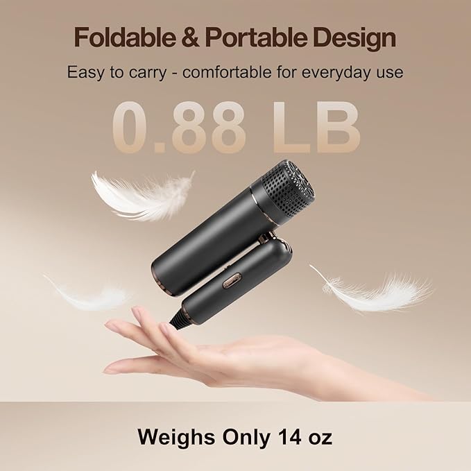 Dual-Voltage Foldable Travel Hair Dryer: Compact High Speed Plasma Diffuser Blow Dryer with Cool Shot - Lightweight/Portable -with Storage Bag & European Adaptor for All Hair Types Gray