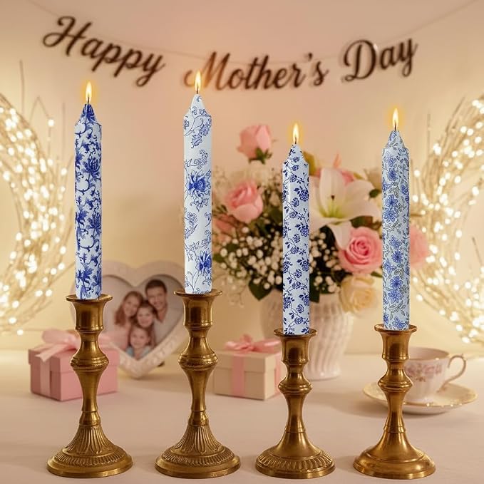 Flowers Printed Candle Taper Candles 9 inch - 4 Pack Blue and White Porcelain Candle Dripless, Smokeless, Unscented Tall Candlesticks - Perfect for Home Decor, Weddings, and Special Occasions