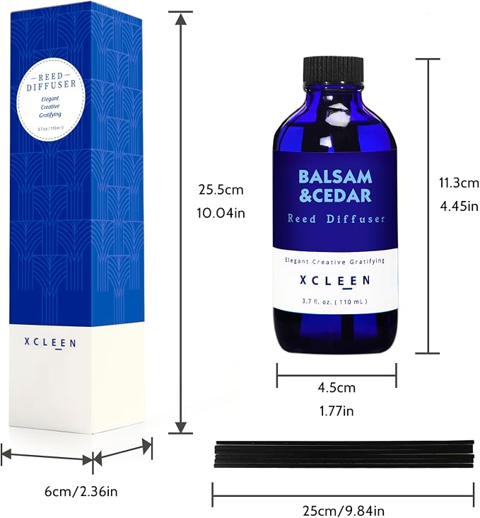 Xcleen Reed Diffusers for Home, Balsam & Cedar Diffuser with Sticks, 3.7 Oz Scented Fragrance Oil Diffuser for Bedroom, Bathroom Decor