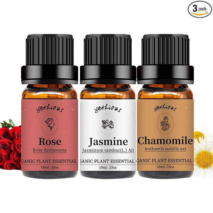 yethious Rose Jasmine Chamomile Essential Oil Set Organic 100% Pure Aromatherapy Oil for Diffuser, Soap, Candle Making 3 X 10ML