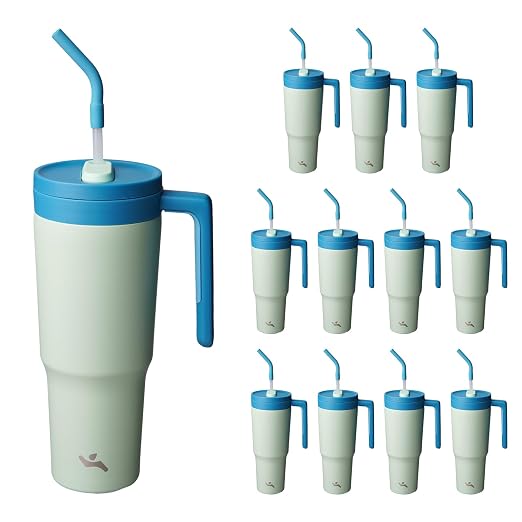 Konokyo 12 Pack 40 Oz Tumblers with Handle and Straw, Bulk Vacuum Insulated Stainless Steel Travel Mugs with Lids for Office, Events and Group Orders Mist Blue