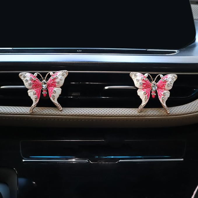 ORIESSE 2pcs Pink Butterfly Car Air Freshener Vent Clips Bling Car Accessories for Women Refillable Diffusers