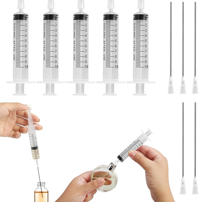 5 Pack-10ml Plastic Perfume Syringe Extracto Decanter Kit with Blunt Stainless Needle Tip, Suitable for Perfume、Ink、Pen、Printer Filling, Refillable Liquid Dispensing and Measuring.