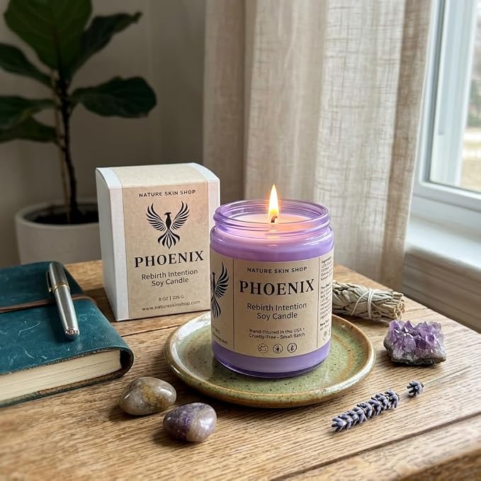 Nature Skin Shop Phoenix Rebirth Artisan Soy Candle Smoked Oud and Amber Aromatherapy Home Fragrance Vegan Cotton Wick 8.5 oz
