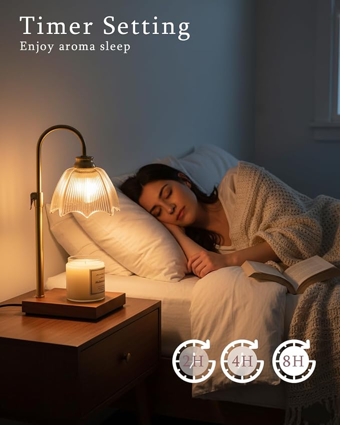 Farmhouse Candle Warmer Lamp with Timer Dimmable Adjustable Gold, Vintage Glass Wax Heated Lamp Wood Base for Large Jar Candles, Gifts for Mothers Day House Warming New Home Office Decor (Amber)