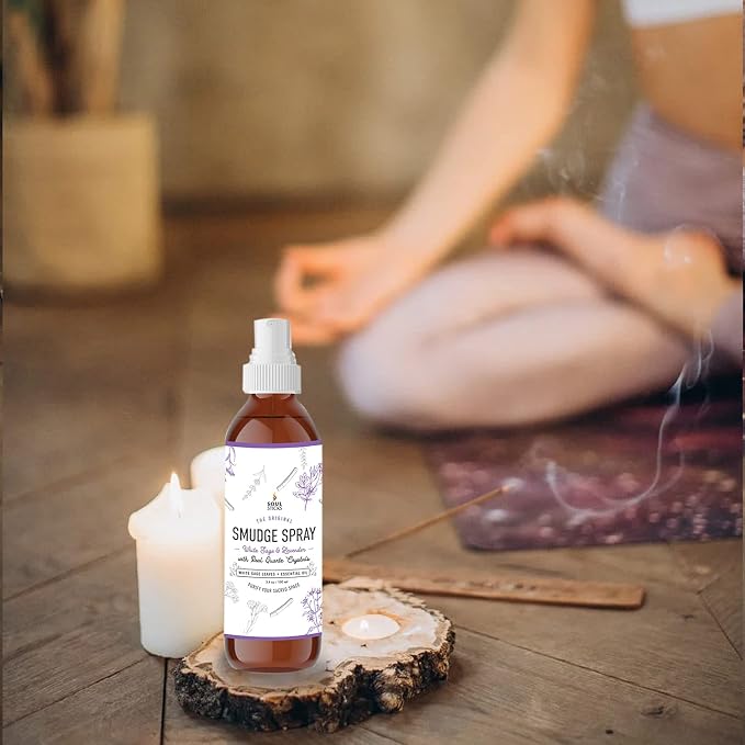 SOUL STICKS White Sage & Lavender Smudge Spray – 3.5oz Smokeless Mist with Quartz Crystals – Calming Essential Oil Spray for Sleep, Stress Relief, Meditation, and Energy Cleansing