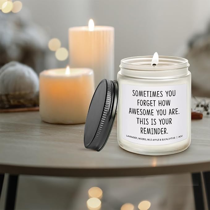 Sometimes You Forget You're Awesome Candle Gifts for Women Inspirational Unique Mother's Day Birthday Gifts for Sister Best Friend Wife Girlfriend Lavender, Woods, Wild Apple & Eucalyptus 9OZ