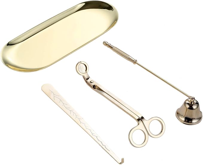 MUXSAM 4 in 1 Candle Accessory Set, Candle Wick Trimmer Candle Cutter, Candle Snuffer, Candle Wick Dipper, Storage Tray Plate, Candle Care Tools for Candle Lover, Thanksgiving, Christmas (Gold)