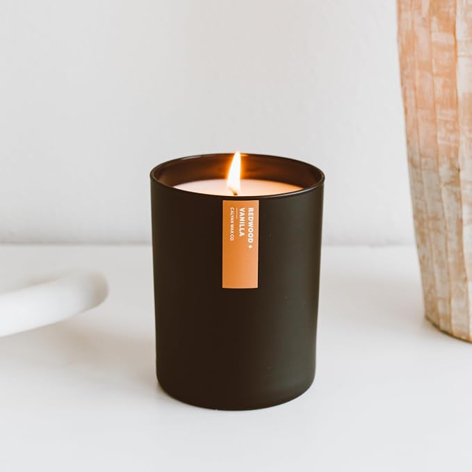 Calyan Wax Co. Redwood & Vanilla Scented Candle - 75 Hour Burn - Luxury Clean Soy Wax Candles - Long Lasting Black Tumbler Jar Candle for Home - 10.2oz
