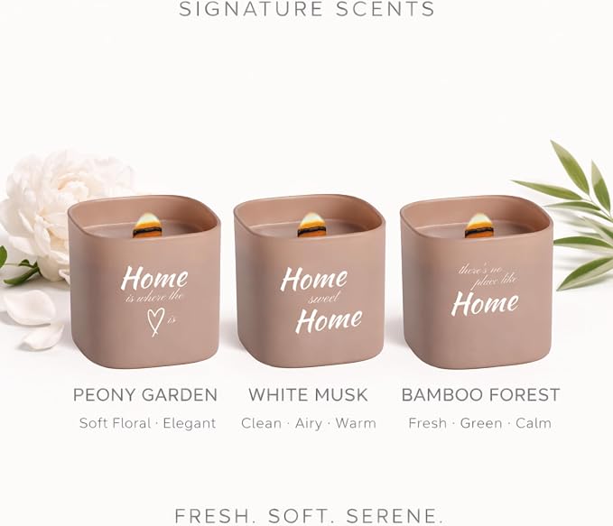 Set of 3 Premium Scented Soy Candles Gift Set | Home Collection – White Musk, Bamboo Forest & Peony Garden | Crackling Wood Wick | Luxurious Candles for Relaxation, Home Décor & Gifts | 9.8oz Each