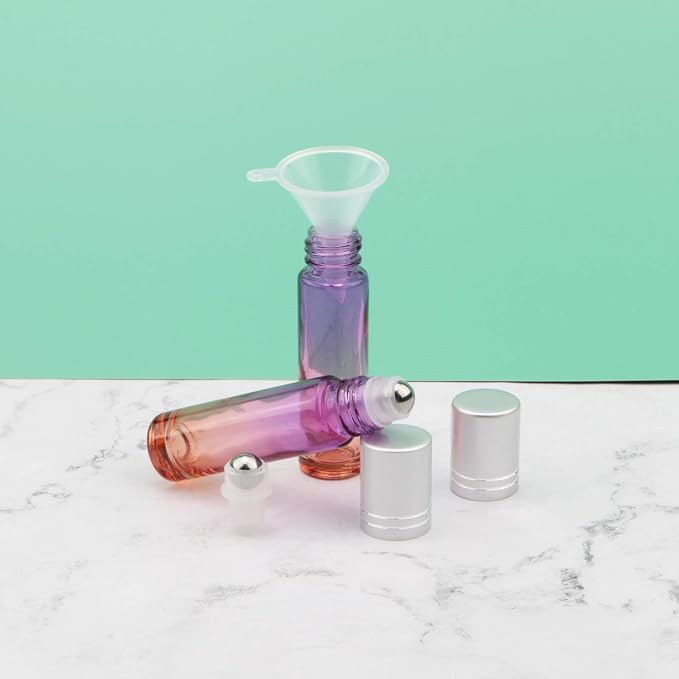 10Pcs Glass Roller Bottles Set, 10ml (1/3oz) Purple Orange Gradient Roll on Vials with Funnels, for Essential Oil Aromatherapy Perfume Liquid Massage