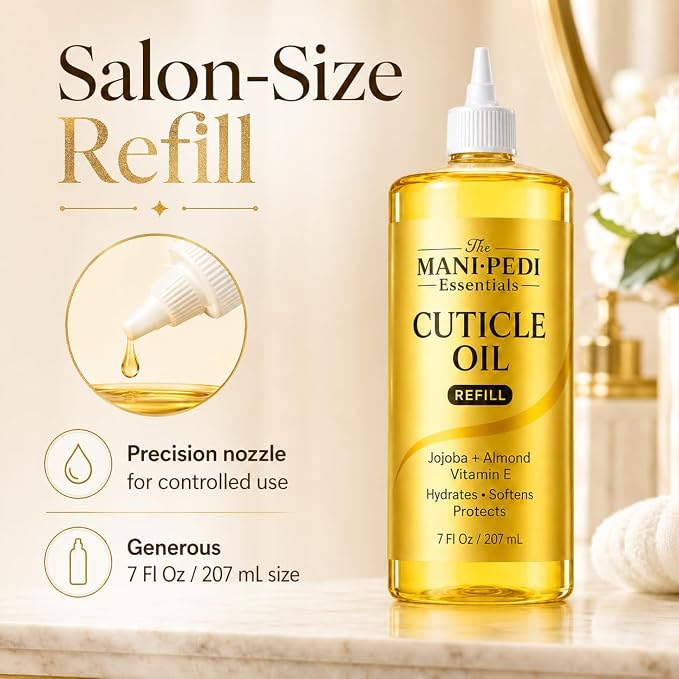 Professional Cuticle Oil Refill/Bulk Pack with precision nozzle for easy refilling - 7 Fl Oz. Enriched with Jojoba Oil, Vitamin E & Sweet Almond Oil. Nail Tech Supplies for Nourished Nails & Cuticles