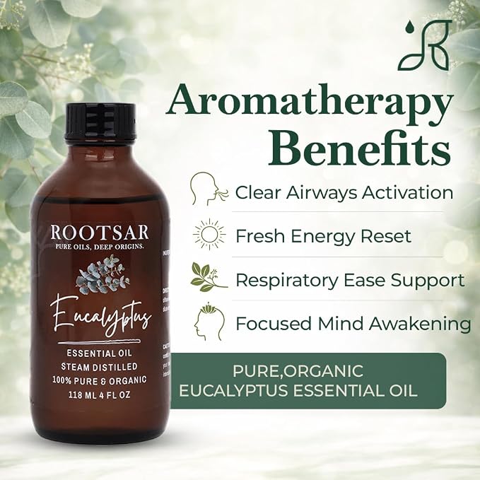Eucalyptus Essential Oil – 100% Pure Organic Eucalyptus Oil, Steam Distilled, 4 FL OZ / 118 ML – Premium Essential Oil for Diffuser, Aromatherapy, Massage, Skin Care, Candle & Soap Making