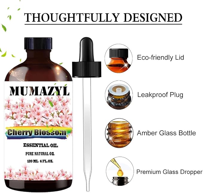 Cherry Blossom Essential Oil, Cherry Blossom Oil 4 Fl Oz 120ML for Diffuser Humidifier Yoga Cleaning DIY Candle Soap Making MUMAZYL Essential Oils