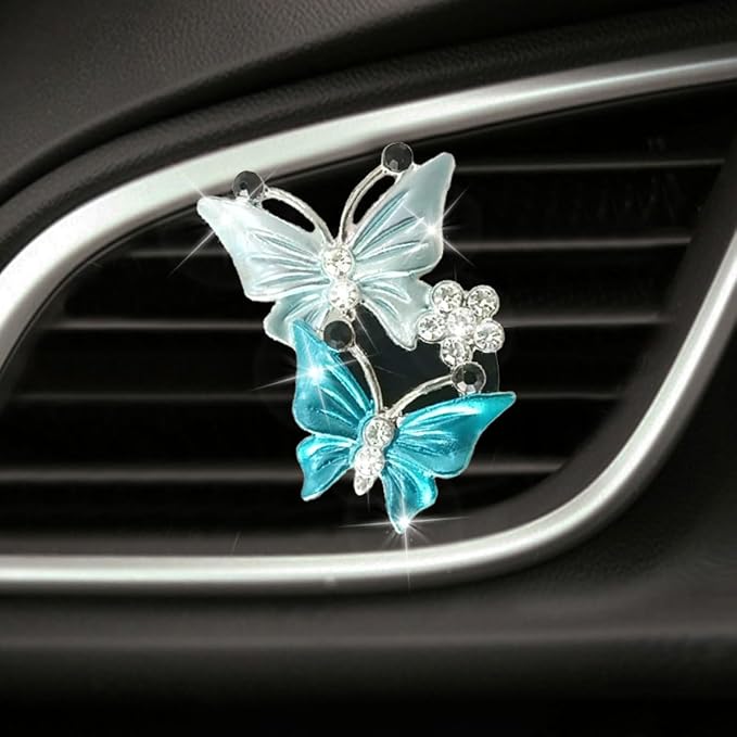 ZIMISI Car Vent Clip, Dual Butterfly Air Vent Clips, Bling Diamond Car Diffuser Clips, Cute Air Conditioning Outlet Decoration, Butterfly Car Accessories for Women (1Pc/Blue)