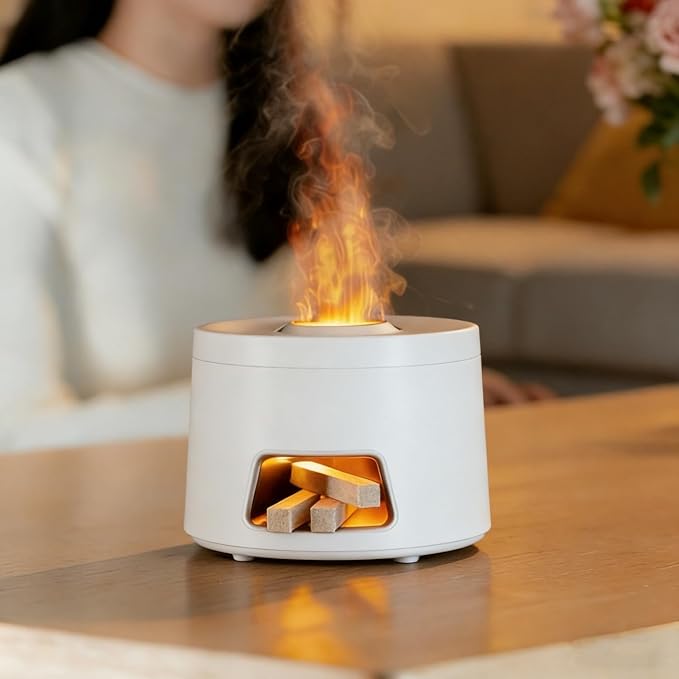 180ml Quiet Aromatherapy Diffuser, Ultrasonic Essential Oil Humidifier with Auto Shut-Off & 7-Color Flame Light for Home Bedroom Living Room Kitchen (White)