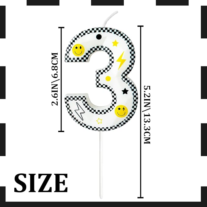 Number 3 Birthday Candle for Cake – 2.7 Inch Large Size Black White Checkered Smiley Design with Lightning & Star – therr Happy Dude Theme Cake Topper Decoration