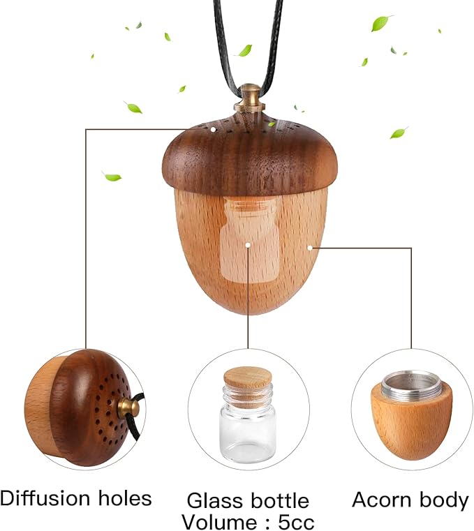 Maromalife Essential Oil Car Diffuser, Wooden Acorn Decor Cute Car Diffuser Air Freshener, Hanging Aromatherapy Diffuser Perfume Car Decoration, Gift for Women/Men, Christmas, Birthday