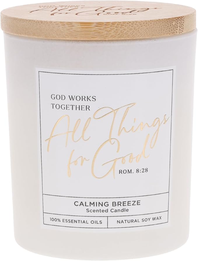 Christian Art Gifts Soy Wax Scented Candle: Romans 8:28 Bible Verse, Calming Breeze Scent, Pure Essential Oils, 4.5 oz, Up to 20 Hours Burn Time, Glass Jar w/Bamboo Lid, Encouragement Gift