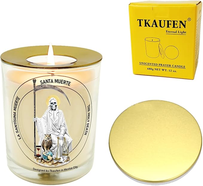 White Santa Muerte Candle 50 Hours│Natural Soy Wax│Purity, Divine Guidance, Peace, Mental Clarity, Fresh Start, Negative Energy Cleansing Ritual, Spiritual Protection │Design in Mexico City│3“×3.6”