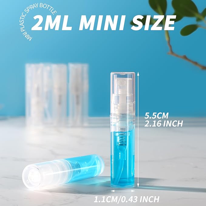 Fandamei Mini Spray Bottle, 60PCS 2ml Mini Clear Plastic Spray Bottle Empty, Fine Mist Refillable Mini Perfume Bottle. Small Empty Sample Containers Bottle. 2ml, 60 Pack, Clear, FANL-093