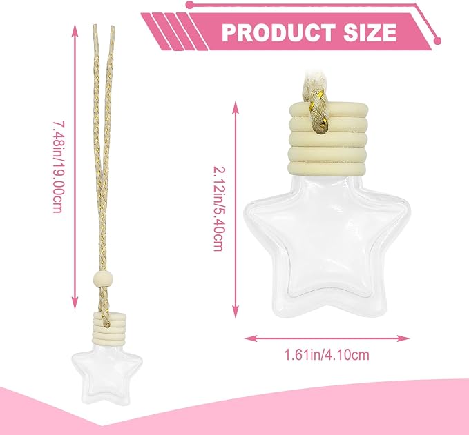 5 pcs Car Hanging Empty Glass Perfume Bottles Pendant Bottle, DIY Air Freshener Pendant, Empty Clear Glass Essential Diffuser Oil Aromatherapy, Glass Bottle Decor (Five-Pointed Star)