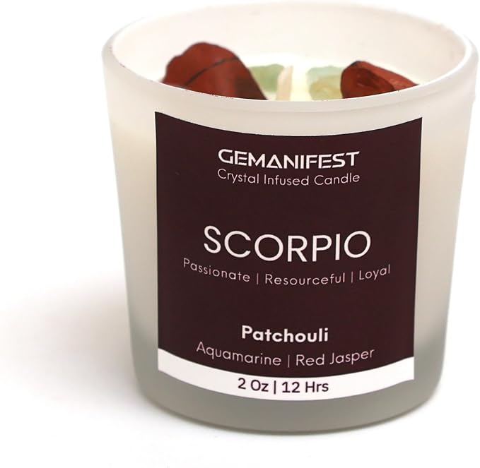 Scorpio Zodiac Candle Scorpio Birthday Gifts for Men Women Patchouli Crystal Candle with Healing Crystals and Manifestation Bracelet Soy Candles for Home Scented
