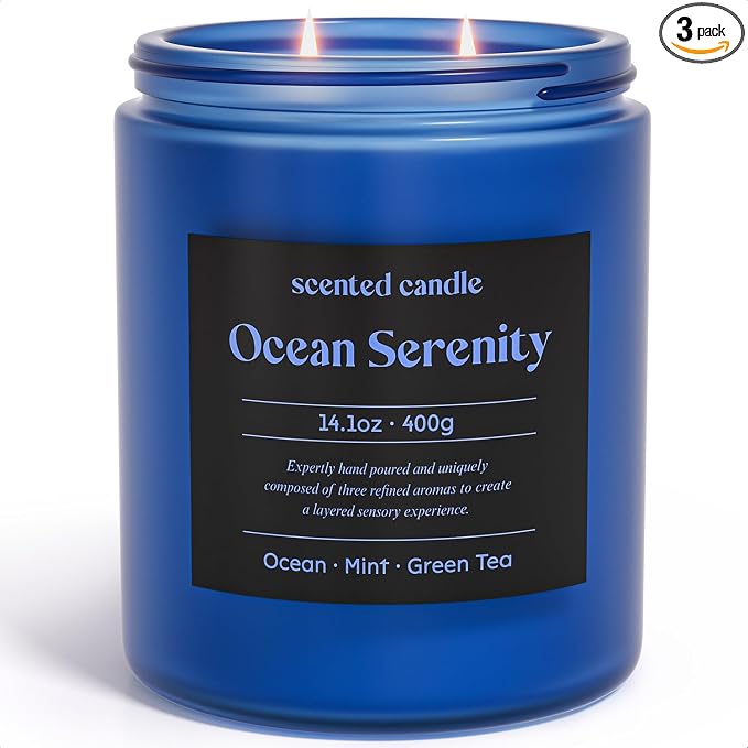 CHILLFLAME Scented Candles, 14.1 oz Scented Candles for Home, 2 Wicks Blended Scents Aromatherapy Candles for Women and Men, Birthday Gifts for Women (Ocean+Mint+Green Tea)