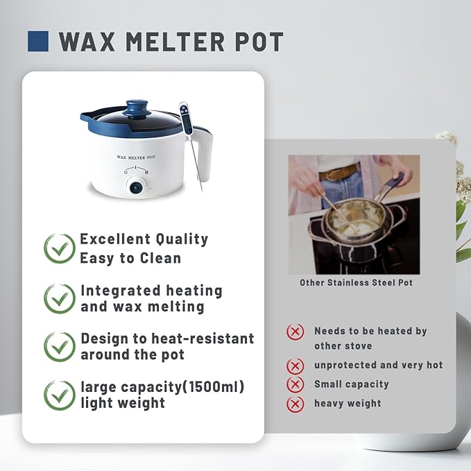 KQU Wax Melting Pot with Thermometer, Electric Wax Melter for Candle Making with Spout 1.5Qt, Small Double Boiler Pot Set for Beginner Adults