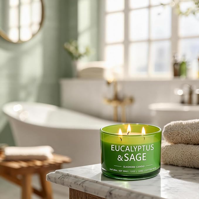 Sage & Eucalyptus Scented Candle, Luxury Large 3 Wick Soy Candle 12 Oz, 60+ Hour Long Lasting Clean Burn, Elegant Aromatherapy Home Decor, Housewarming & Birthday Gift for Men & Women