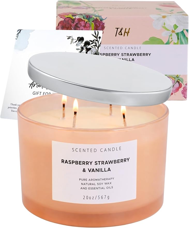 Raspberry Strawberry Vanilla Scented Candle | 4 Wick Extra Large Soy Candle 20 oz | Strong Scented Fruity Aromatherapy Candle for Women | Sweet Berry Vanilla Home Scent | Long Lasting Clean Burn