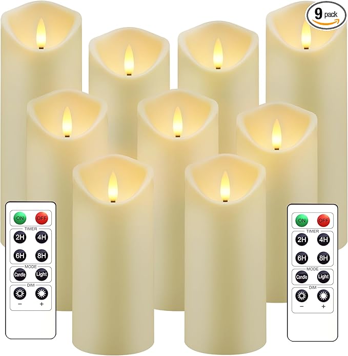 kakoya Flickering Flameless Candles, Battery Operated Acrylic LED Pillar Candles with Remote Control and Timer,Set of 9 (Ivory)