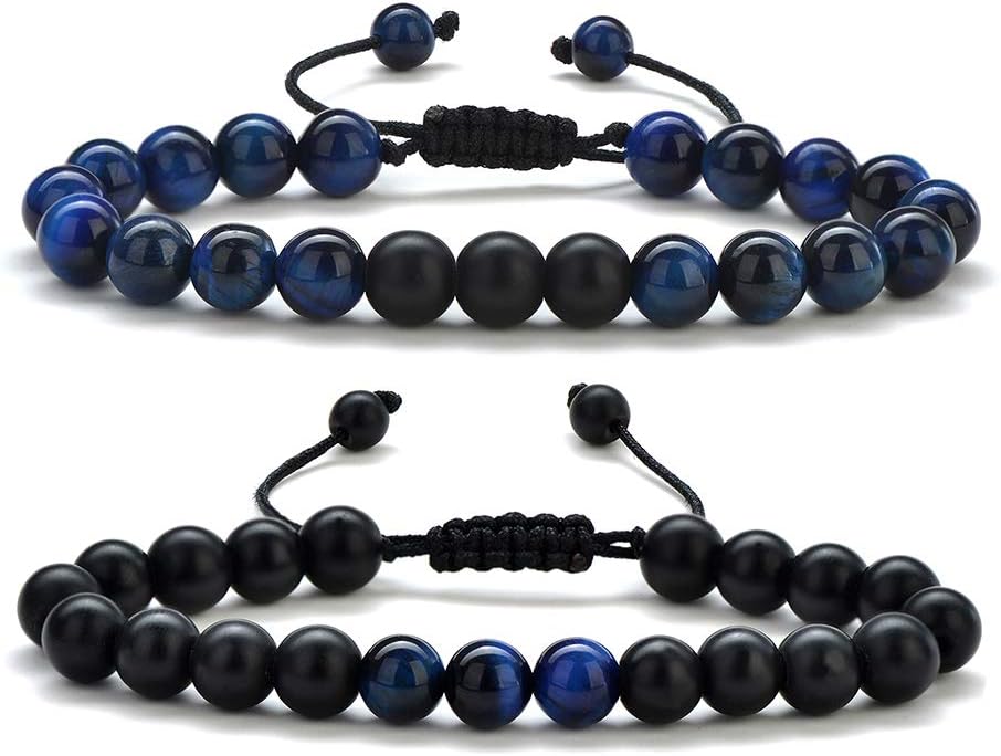 M MOOHAM Mens Bracelet - Beaded Natural Stone 8mm Tiger Eye Matte Agate Lava Rock Bracelets for Men Teen Boys Grandpa Dad Birthday Gifts Jewelry