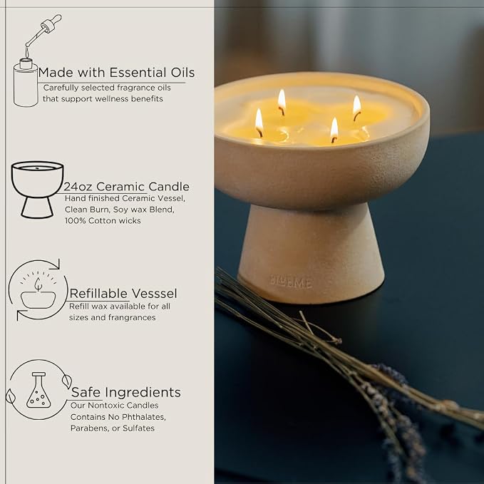 Blueme Sleep Candle | Lavender & Cypress | 4 Wick - Refillable Wellness Candle with Essential Oils, Hand Finished & Poured Soy Wax Blend Ceramic Vessel, Natural Cotton Wicks | Large 24 oz