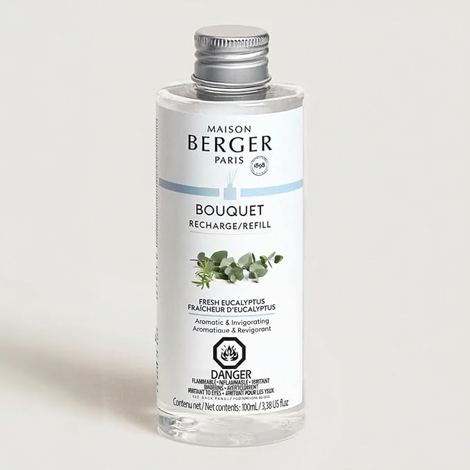 MAISON BERGER Reed Diffuser Bouquet, 100 ml, Fresh Eucalyptus | Clear Glass Bottle, 8 Reed Sticks, 100 ml Refill, Up to 6-Week Passive Diffusion, No Flame, Made in France