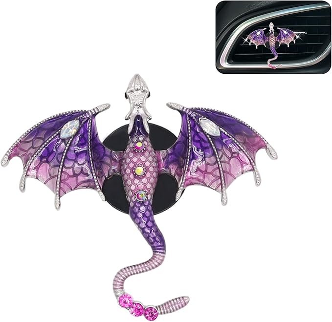 ORIESSE Purple Dragon Car Accessory,1pcs Bling Wyvern Car Air Freshener Vent Clip,Cute Girly Refillable Air Freshener Diffuser,Dazzing Rhinestone Dashboard Decoration for Women