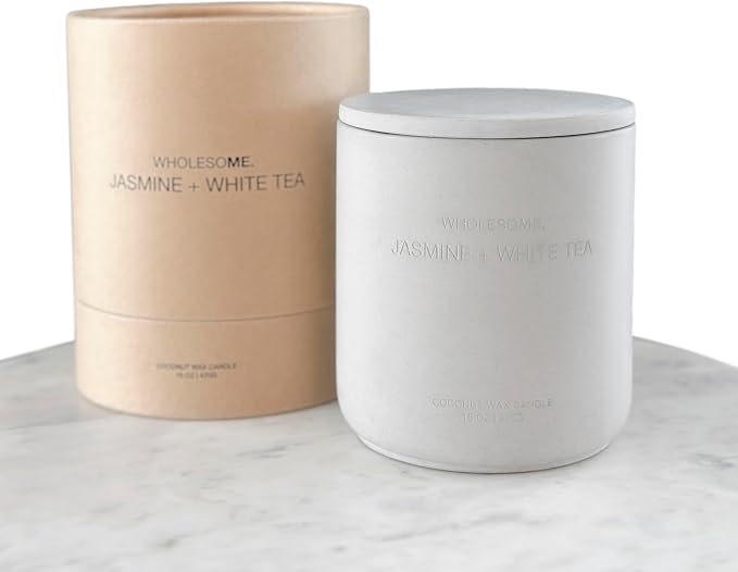 WHOLESOME. Jasmine White Tea Scented Non-Toxic Candles for Home, 2 Wicks Natural Coconut Wax Candle Eco-Friendly, Luxury Aromatherapy Candles Stress Relief, 16 oz Large Concrete Jar, 90 Hours Burn