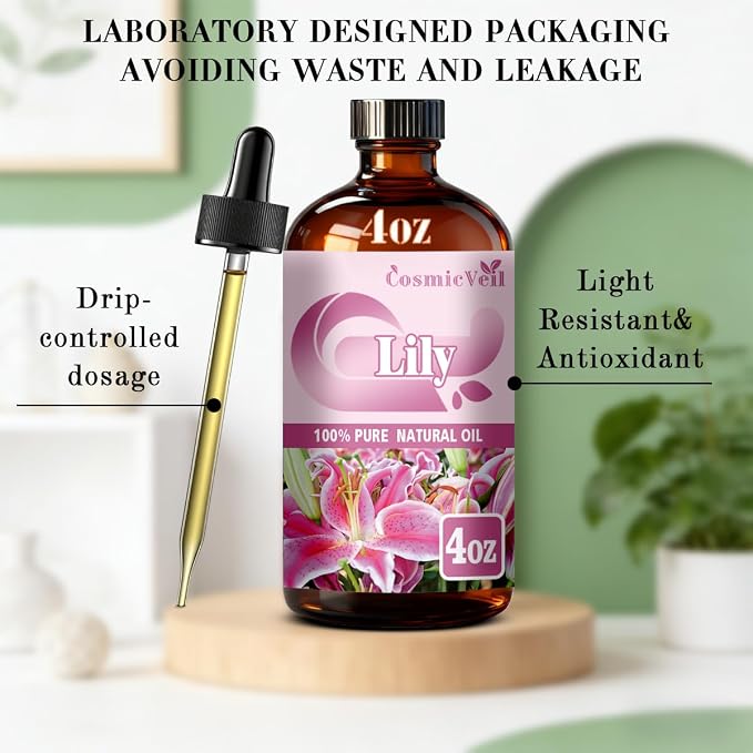 Lily Essential Oil for Aroma Diffuser,Humidifier,Home Fragrance,Cleaning,Body Care,Massage,Yoga,DIY Candle,DIY Soap CosmicVeil（Lily，4 Fl Oz (Pack of 1)）
