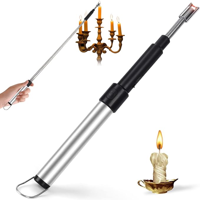 Candle Arc Lighters Long Flexible Neck 70cm Rechargeable Telescopic Electric Flameless Lighter for Kitchen Fireplace Pilot Light BBQ Stove (Silver)