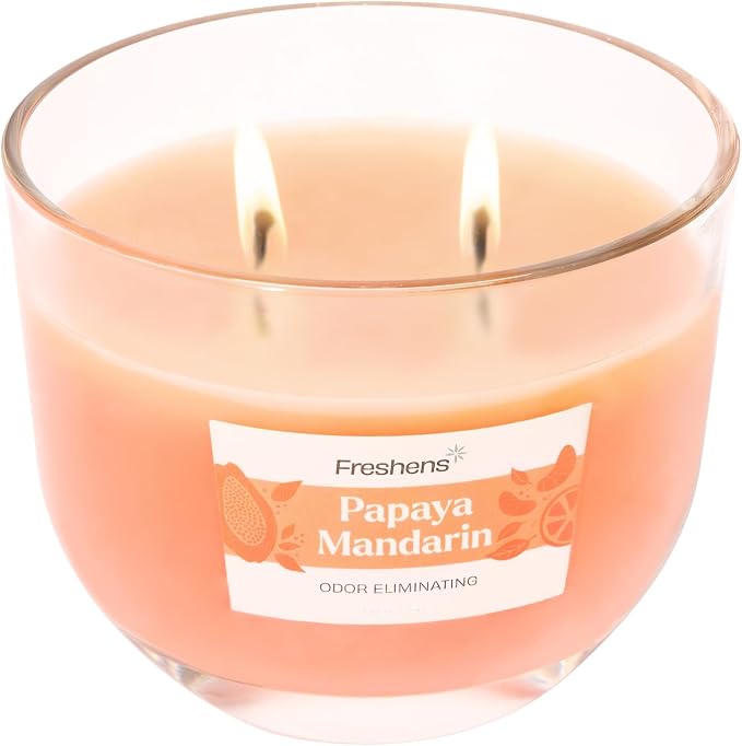 Carolina Freshens Papaya Mandarin Odor Eliminating Highly Fragranced Candle for Home Scented, Eliminates 90% of Pet, Smoke, Food and Other Smells Quickly, 2 Wick, 14 oz - Made in the USA