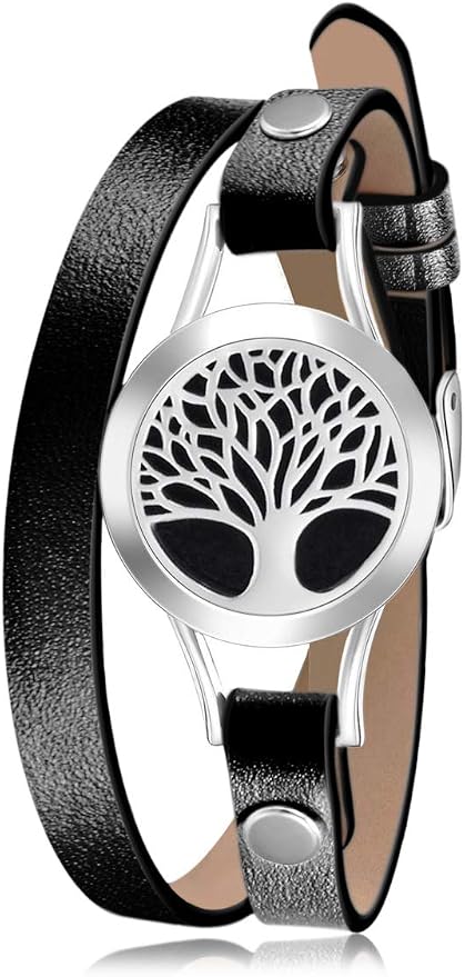 Wild Essentials Tree of Life Essential Oil Bracelet Diffuser, Leather Wrap Band, Stainless Steel Locket Pendant, 12 Color Refill Pads, Customizable Color Changing Perfume Jewelry, Aromatherapy, Black