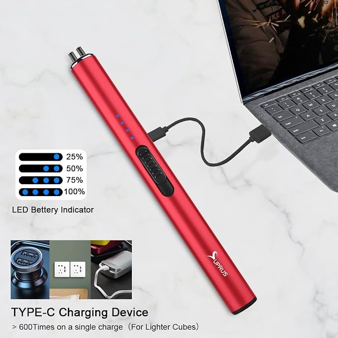 SUPRUS Electric Arc Windproof Flameless USB Rechargeable Lighter with Safety Lock for Candle (Red)