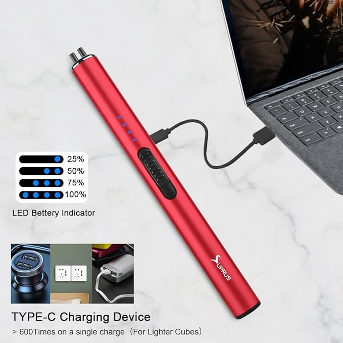 SUPRUS Electric Arc Windproof Flameless USB Rechargeable Lighter with Safety Lock for Candle (Red, 3 Packs)